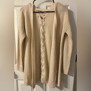 Pink rose knit cardigan with braid detail down back, size medium